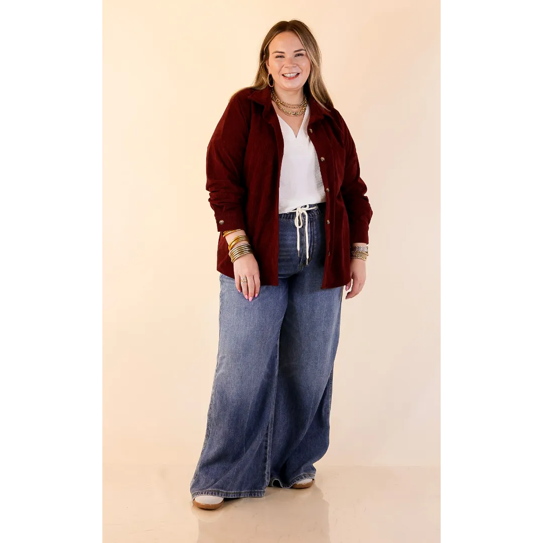 Captivating Cuteness Corduroy Button Up Shacket in Maroon Chic Sweater