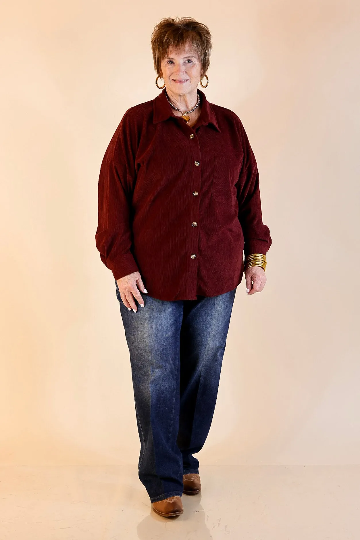 Captivating Cuteness Corduroy Button Up Shacket in Maroon BioBased Fiber