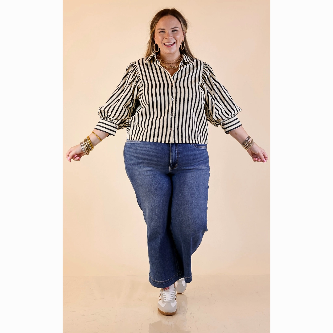 The Bold Type Striped Long Sleeve Button-Up Top in White with Black Stripes Smooth Finish