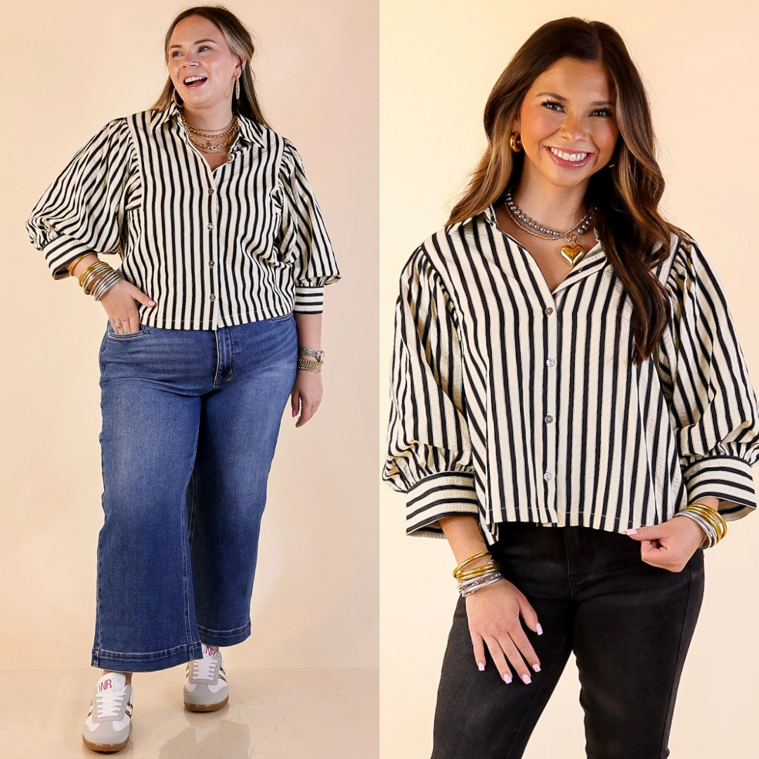The Bold Type Striped Long Sleeve Button-Up Top in White with Black Stripes Convertible Sleeve Adaptation