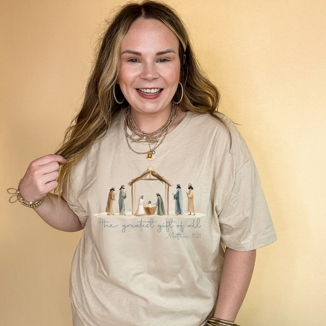 Breathable Mesh Panels Online Exclusive | The Greatest Gift of All Nativity Scene Graphic Tee in Multiple Color Options