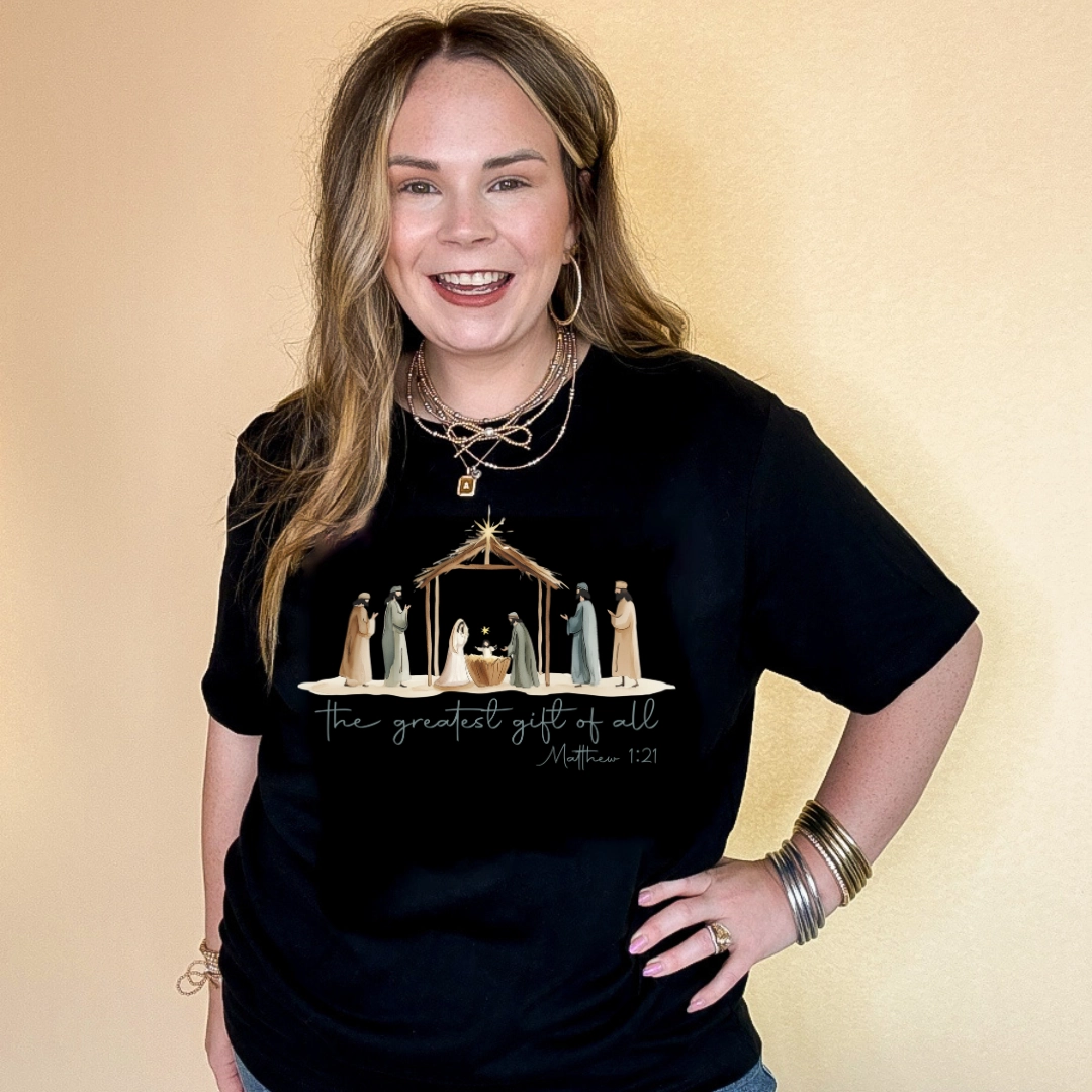 Comfortable and Chic Online Exclusive | The Greatest Gift of All Nativity Scene Graphic Tee in Multiple Color Options