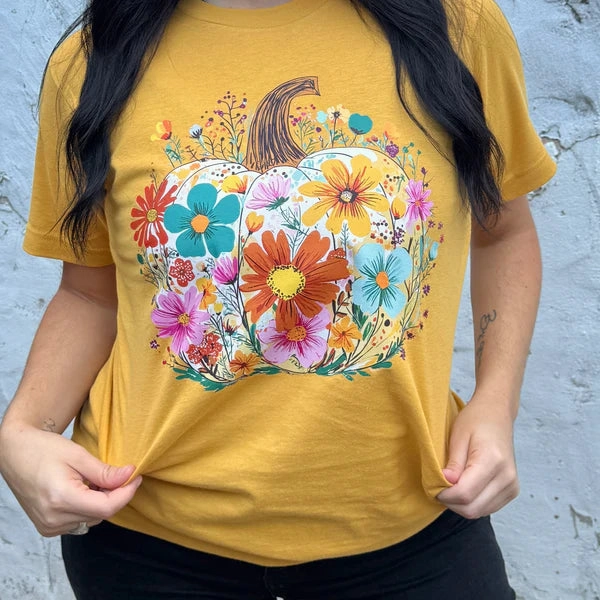 Fun Prints Eye-Catching Online Exclusive | Bright Floral Fall Pumpkin Graphic on Short Sleeve Tee in Ginger Orange