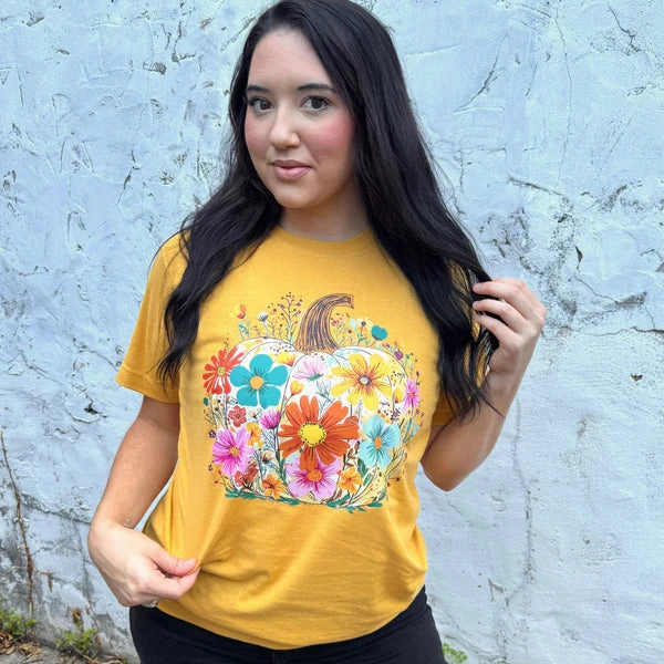 Teenager fashion Online Exclusive | Bright Floral Fall Pumpkin Graphic on Short Sleeve Tee in Ginger Orange