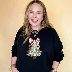 Online Exclusive | Floral Christmas Tree with Red Polka Dot Bow Graphic Sweatshirt in Multiple Color Options Washable Travel Friendly