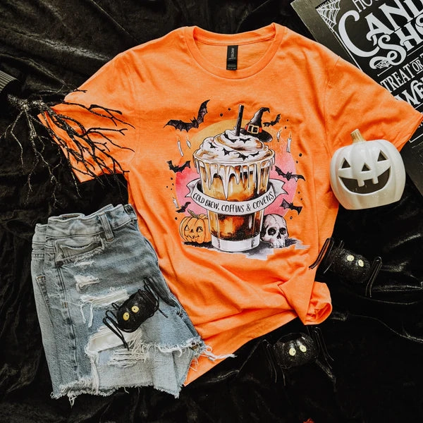 Self Fabric Tape Comfy Design Online Exclusive | Cold Brew & Coffins Short Sleeve Graphic Tee in Heather Orange