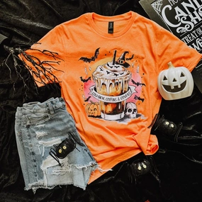 Self Fabric Tape Comfy Design Online Exclusive | Cold Brew & Coffins Short Sleeve Graphic Tee in Heather Orange