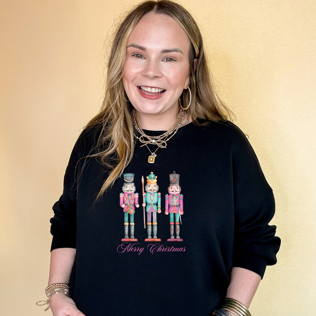 Fun and Playful Online Exclusive | Merry Christmas Nutcrackers Graphic Sweatshirt in Multiple Color Options