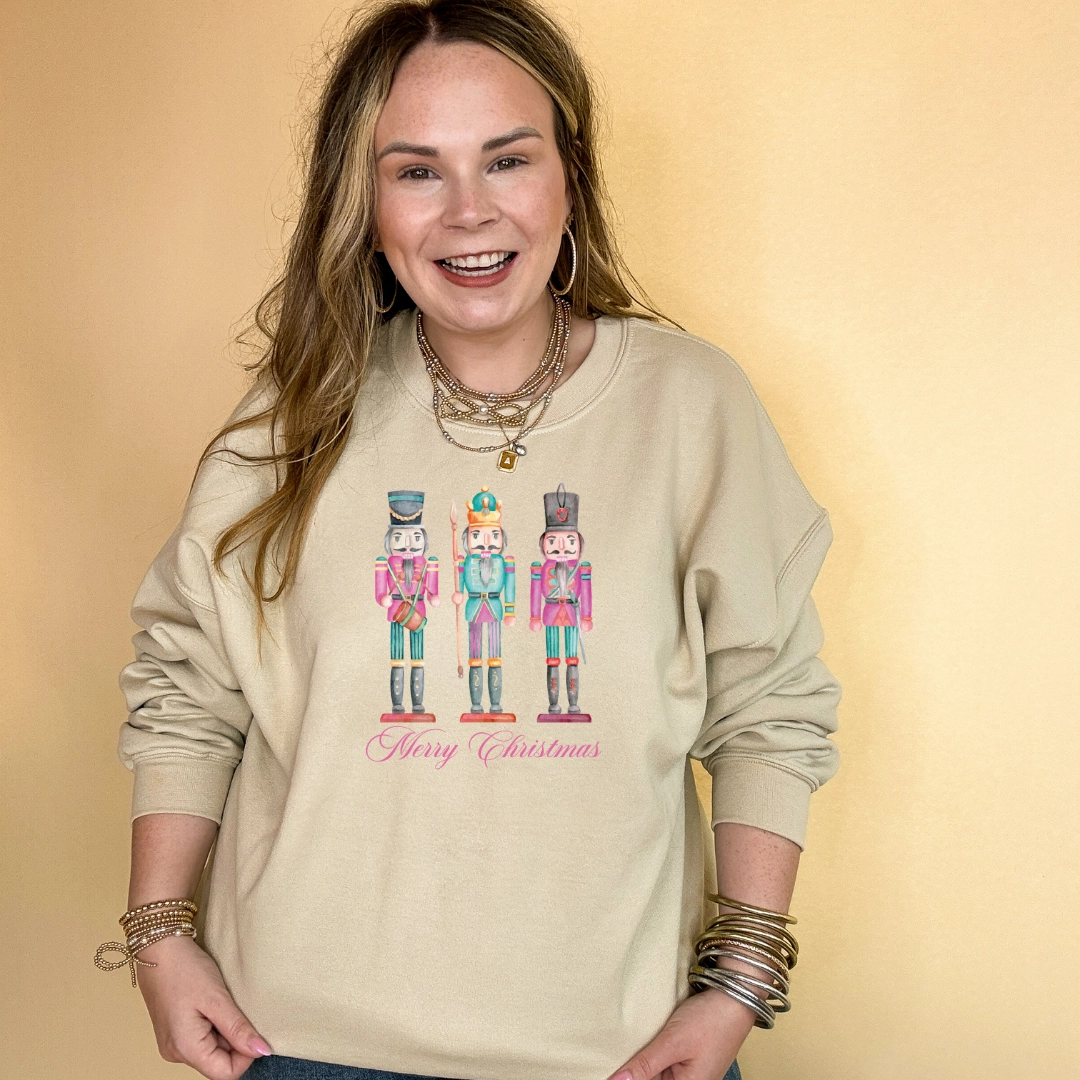 Online Exclusive | Merry Christmas Nutcrackers Graphic Sweatshirt in Multiple Color Options Linen blend Unisex versatility