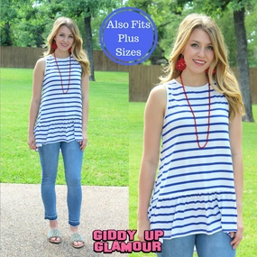 Last Chance Size Small | The One and Only Sleeveless Stripe Top with Ruffle in Blue Casual Sweatshirt