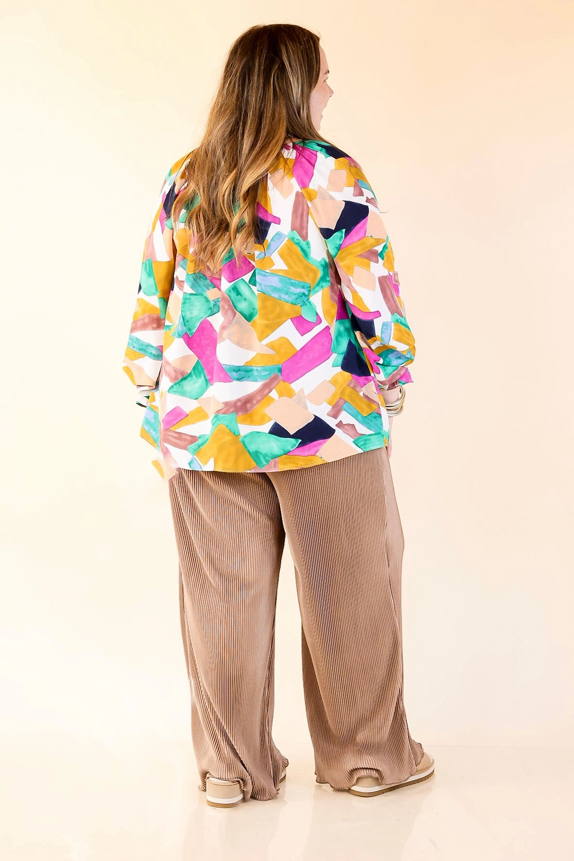 Possible Romance Geometric Print Button up Top in Green and Purple Mix Corporate Wear