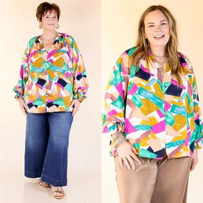 Possible Romance Geometric Print Button up Top in Green and Purple Mix Vibrant Hue