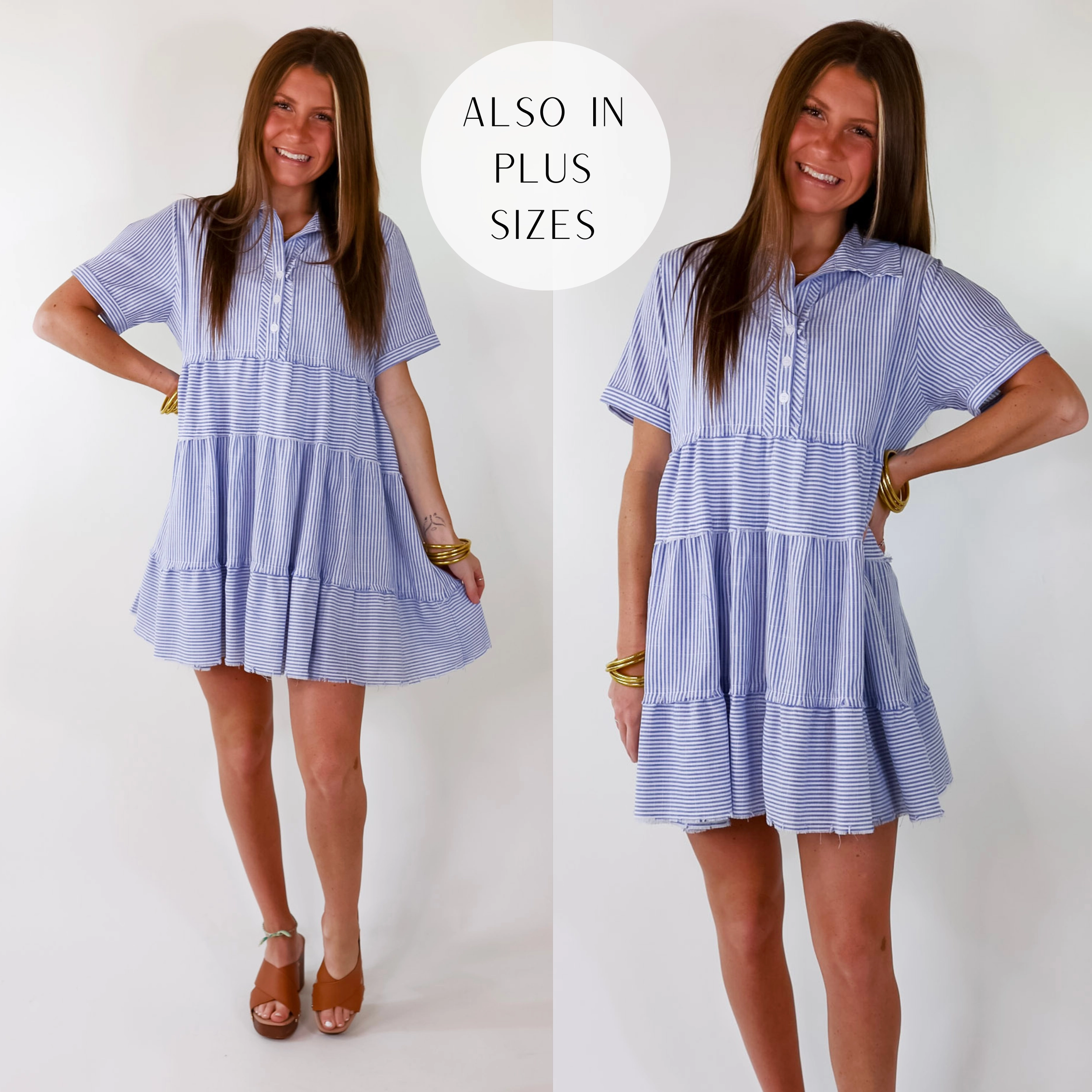 Casual Greetings Collared Pinstripe Dress in Blue and White TearResistantMaterial