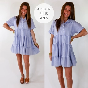Casual Greetings Collared Pinstripe Dress in Blue and White TearResistantMaterial