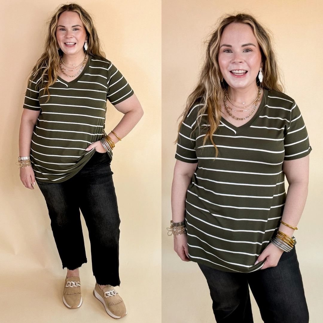 Last Chance Size Small | Keep Things Casual Striped V Neck Tee in Olive Green LowProfile Fasteners