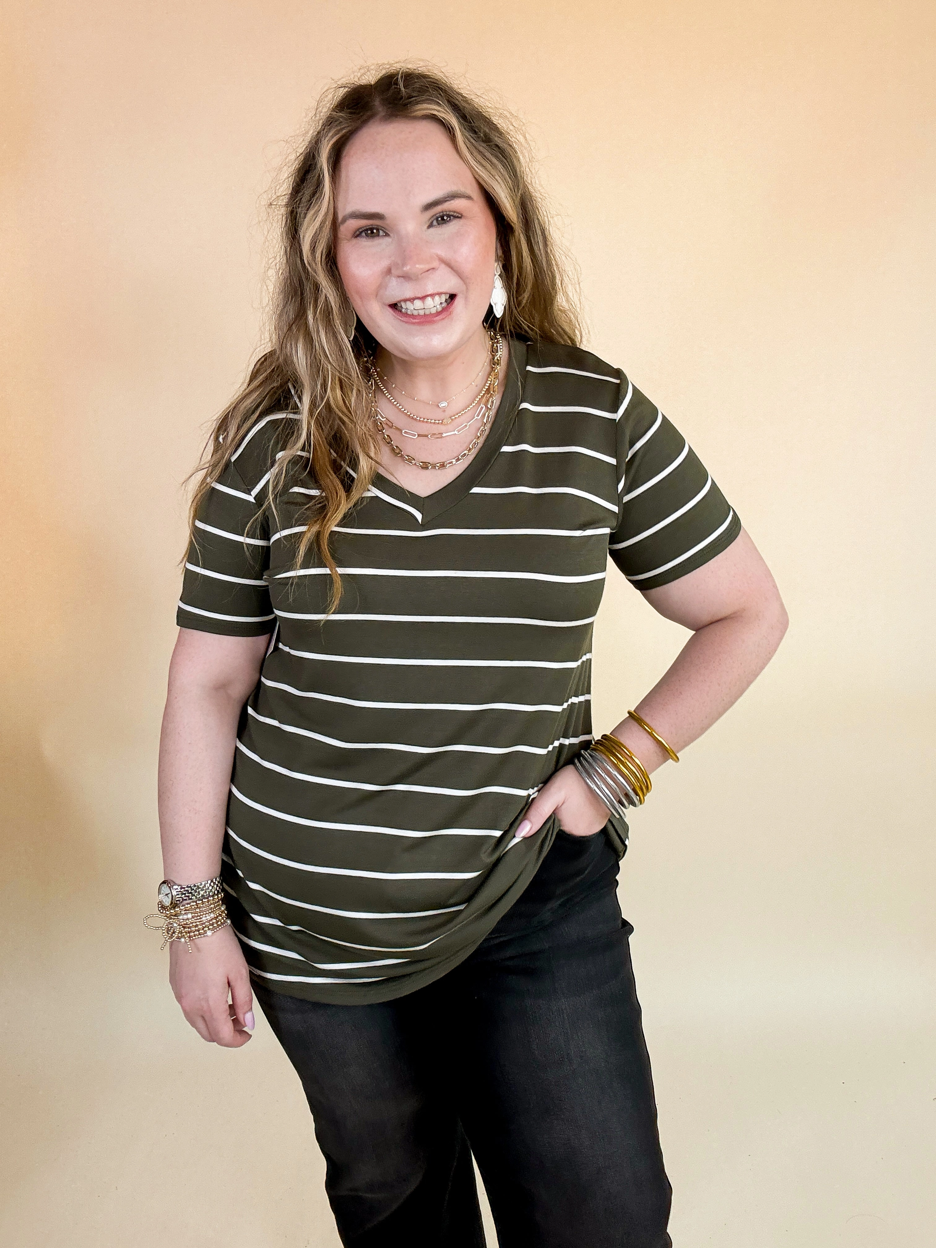 StaticResistantTextile AntiSnag Threading Last Chance Size Small | Keep Things Casual Striped V Neck Tee in Olive Green