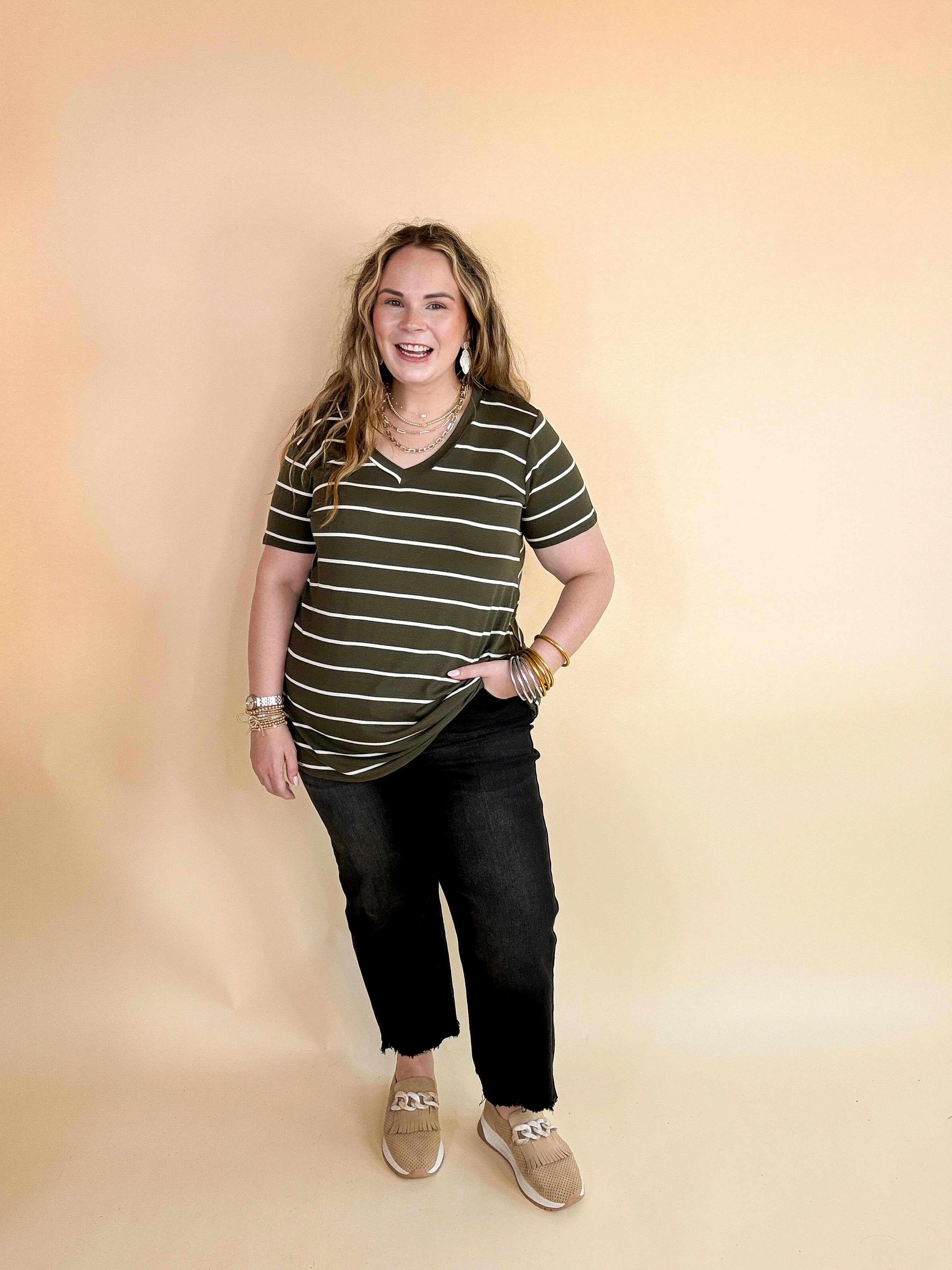 Last Chance Size Small | Keep Things Casual Striped V Neck Tee in Olive Green Weatherproof Outerwear