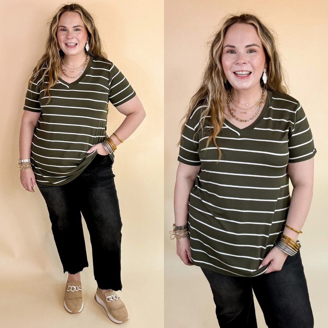 Last Chance Size Small | Keep Things Casual Striped V Neck Tee in Olive Green Linen Soul Cozy Pajama Pants