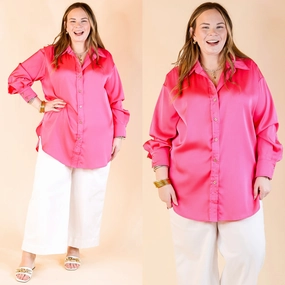 Sporty Look Sustainable production Tell Me Something Good Long Sleeve Button Up Top in Hot Pink