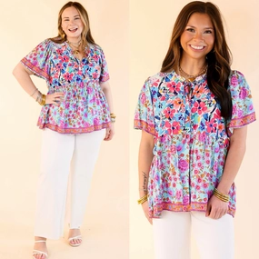 Tulip Fields Floral Print Babydoll Top in Mint Mix Smooth Zipper Design