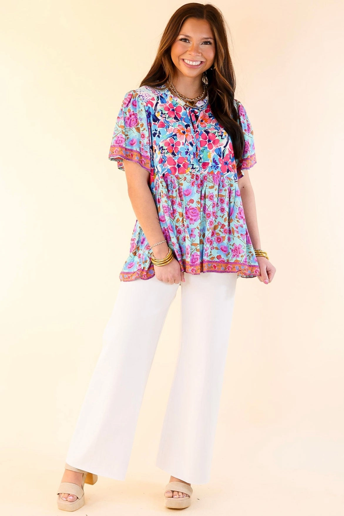 Patterned Texture Tulip Fields Floral Print Babydoll Top in Mint Mix