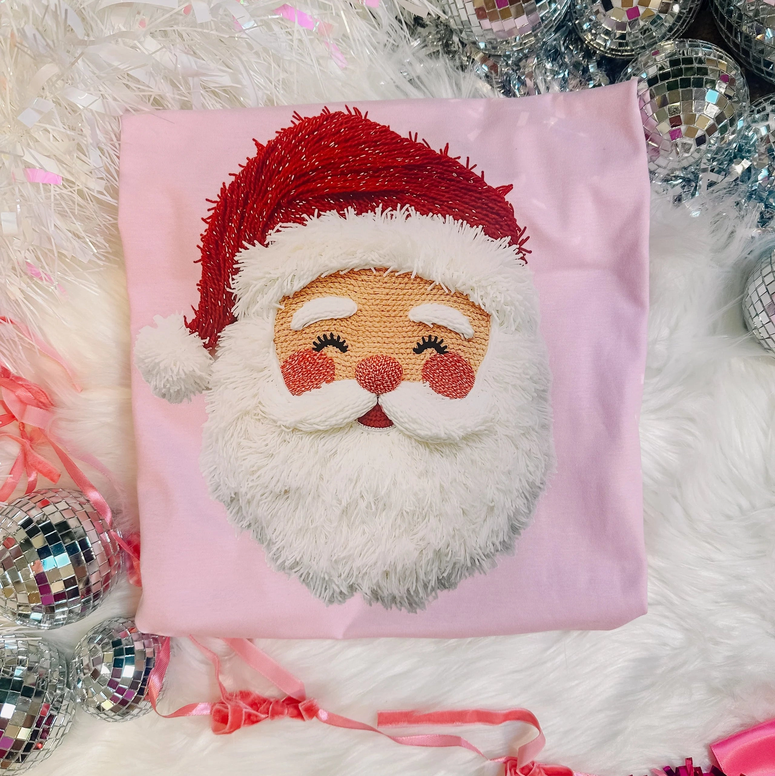 Online Exclusive | Faux Yarn Santa Graphic Tee in Multiple Shirt Options in Light Pink Essential Wardrobe Textured Surface