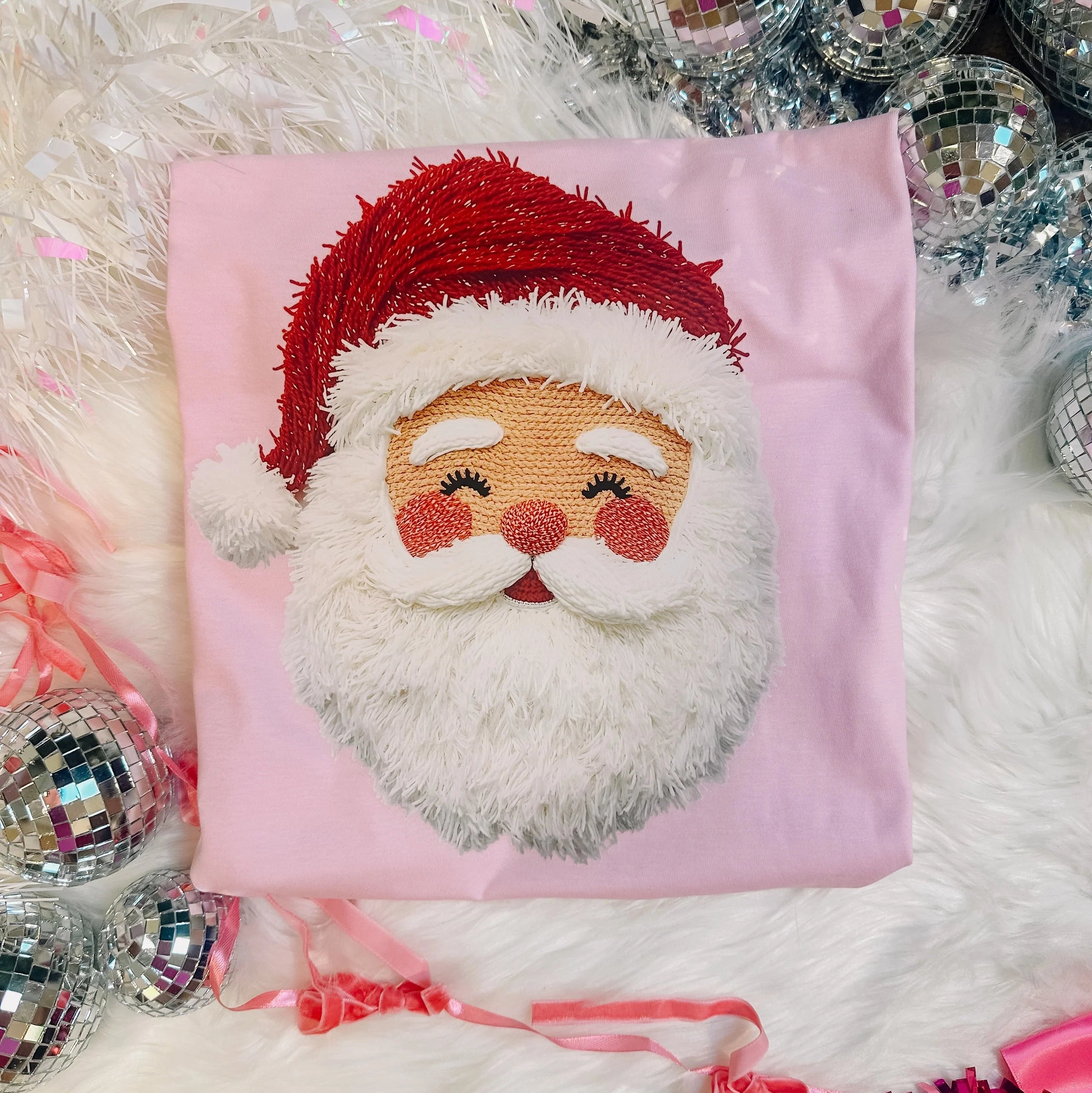 Ribbed collar Online Exclusive | Faux Yarn Santa Graphic Tee in Multiple Shirt Options in Light Pink