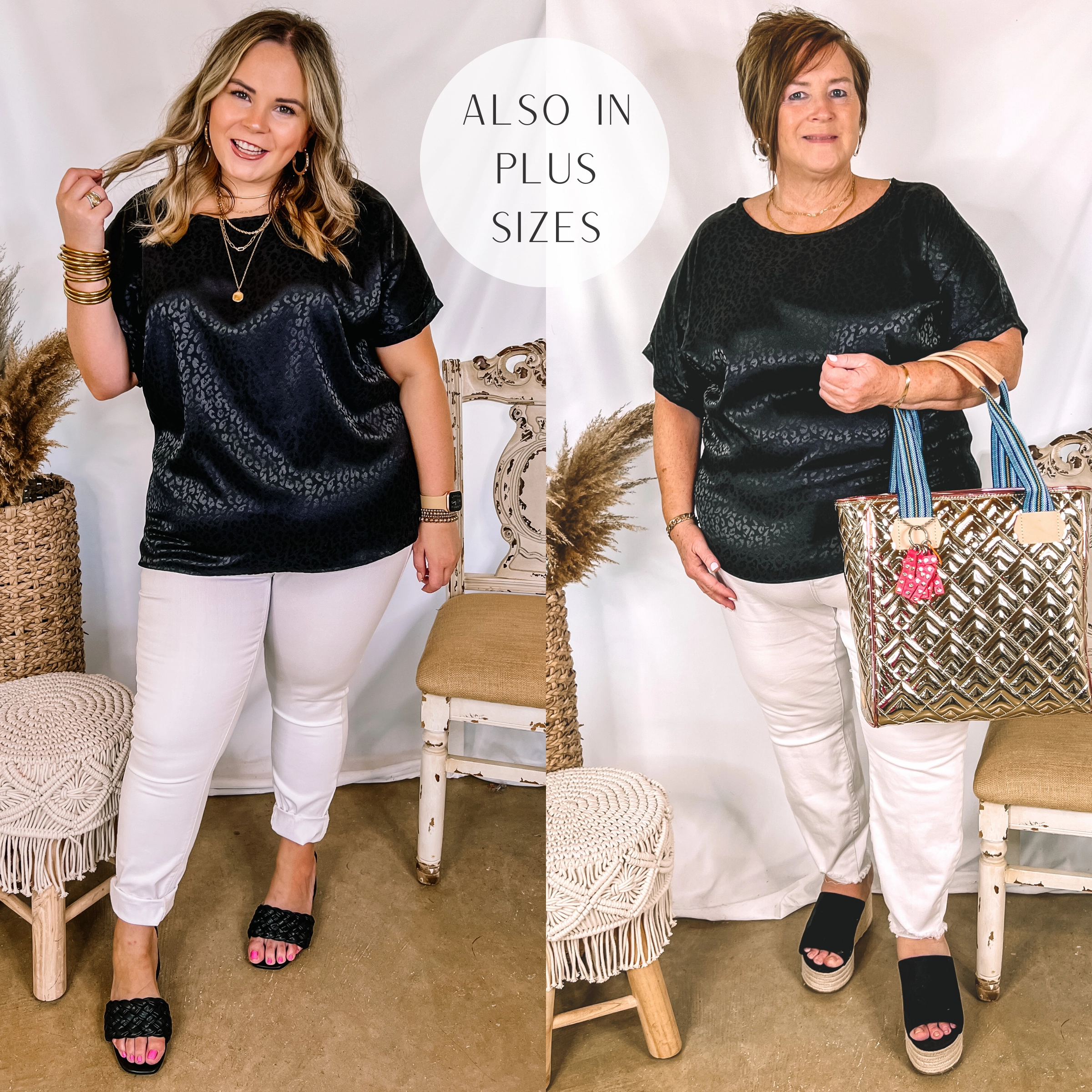 NonIrritatingSeams Lean Glow Last Chance Size Small | Complete Awe Short Sleeve Satin Leopard Print Top in Black