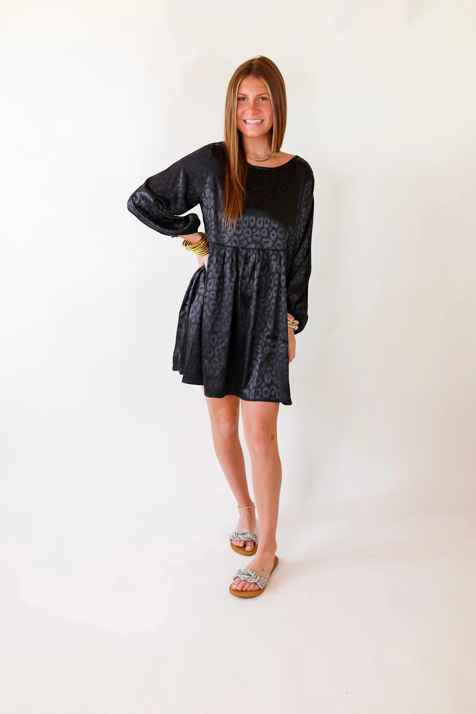 LightweightWeave Change Is Coming Leopard Print Babydoll Dress with Long Sleeves in Black