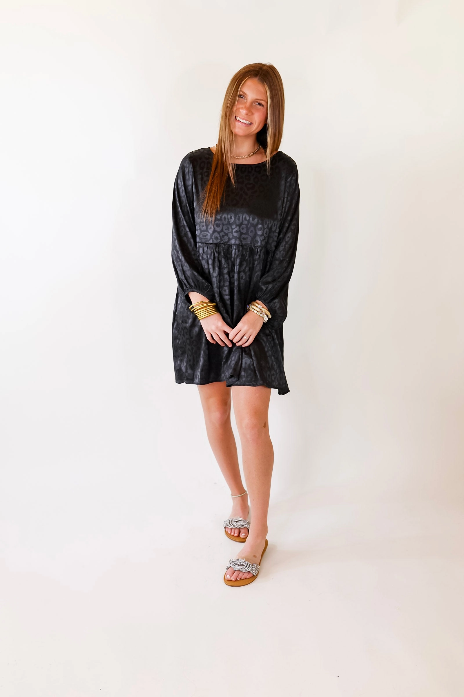 Princess Glow Vacation Mood Change Is Coming Leopard Print Babydoll Dress with Long Sleeves in Black