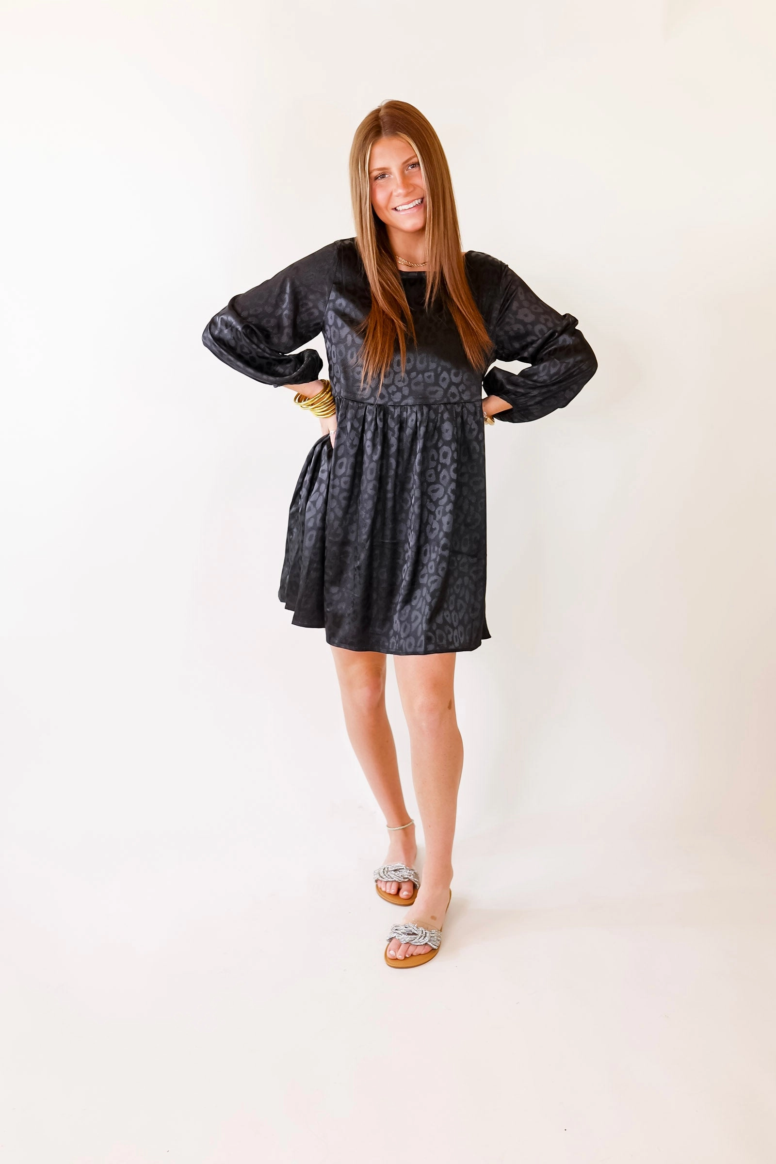 Change Is Coming Leopard Print Babydoll Dress with Long Sleeves in Black WaterRepellent Surface