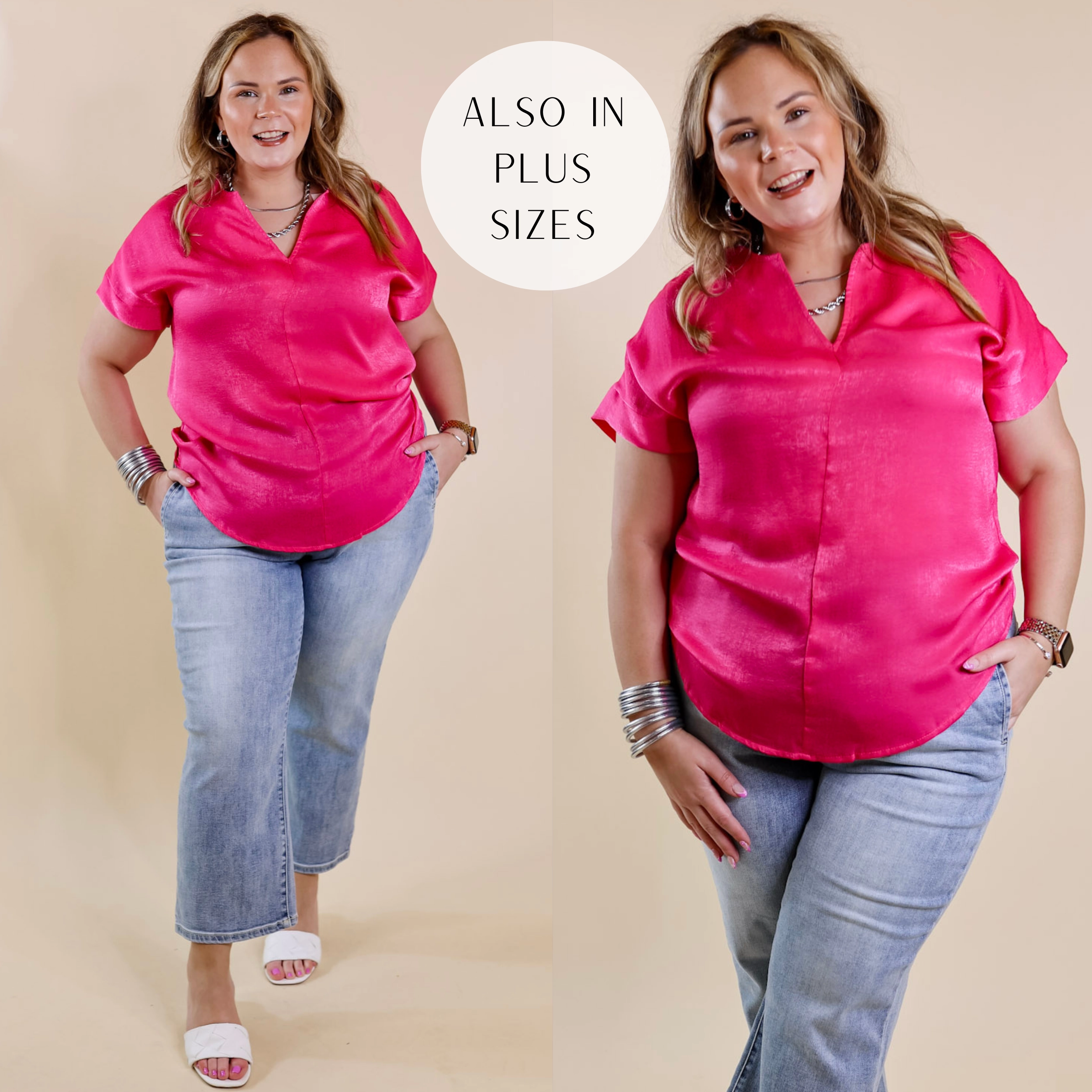 Channeling Confidence Notch Neck Short Sleeve Top in Hot Pink Moon Cool
