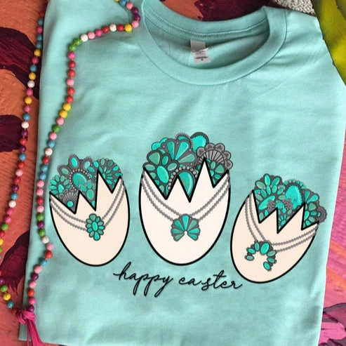 Washable fabric Online Exclusive | Concho and Turquoise Filled Easter Eggs Graphic Tee in Mint Blue