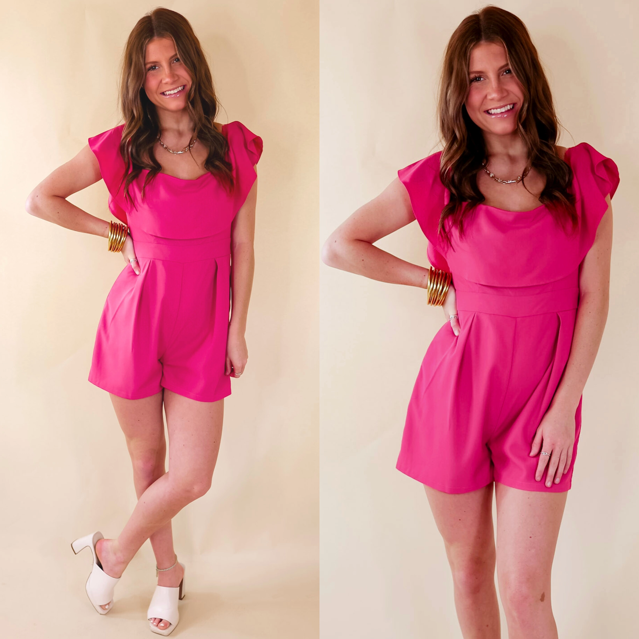 Charmingly Cute Ruffle Upper Romper in Pink FlexibleSole Multi Panel Cut