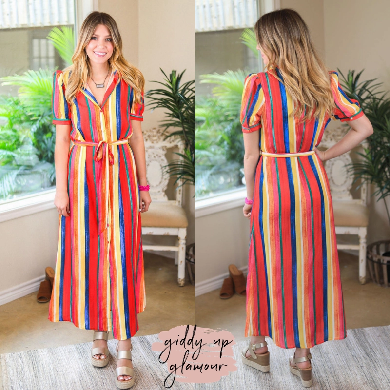 Chasing Rainbows Multi Color Stripe Button Up Midi Dress Serene Ease
