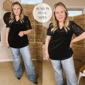 Multi-Purpose Wear SoftTouch Chasing The Spotlight Velvet V Neck Top with Short Sequin Sleeves in Black