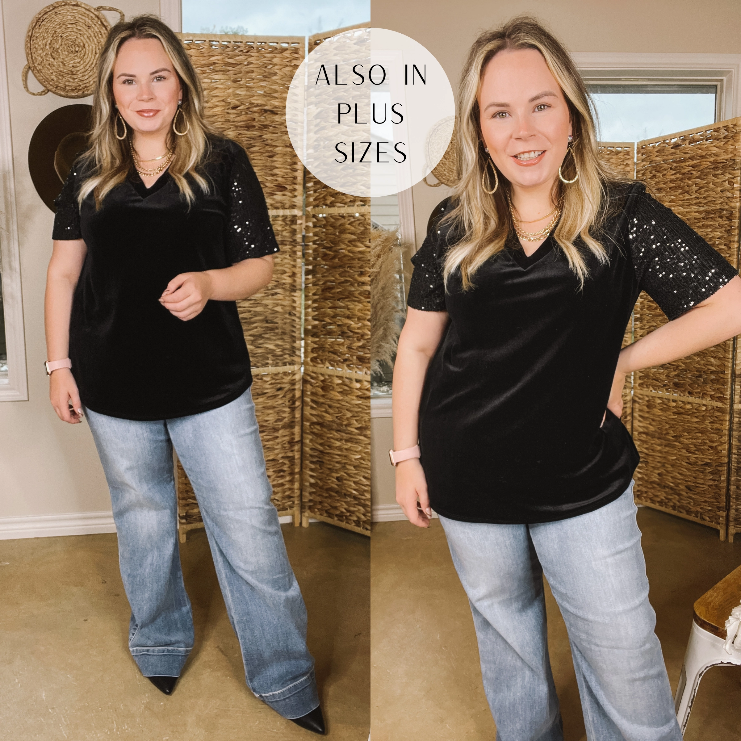 Multi-Purpose Wear SoftTouch Chasing The Spotlight Velvet V Neck Top with Short Sequin Sleeves in Black