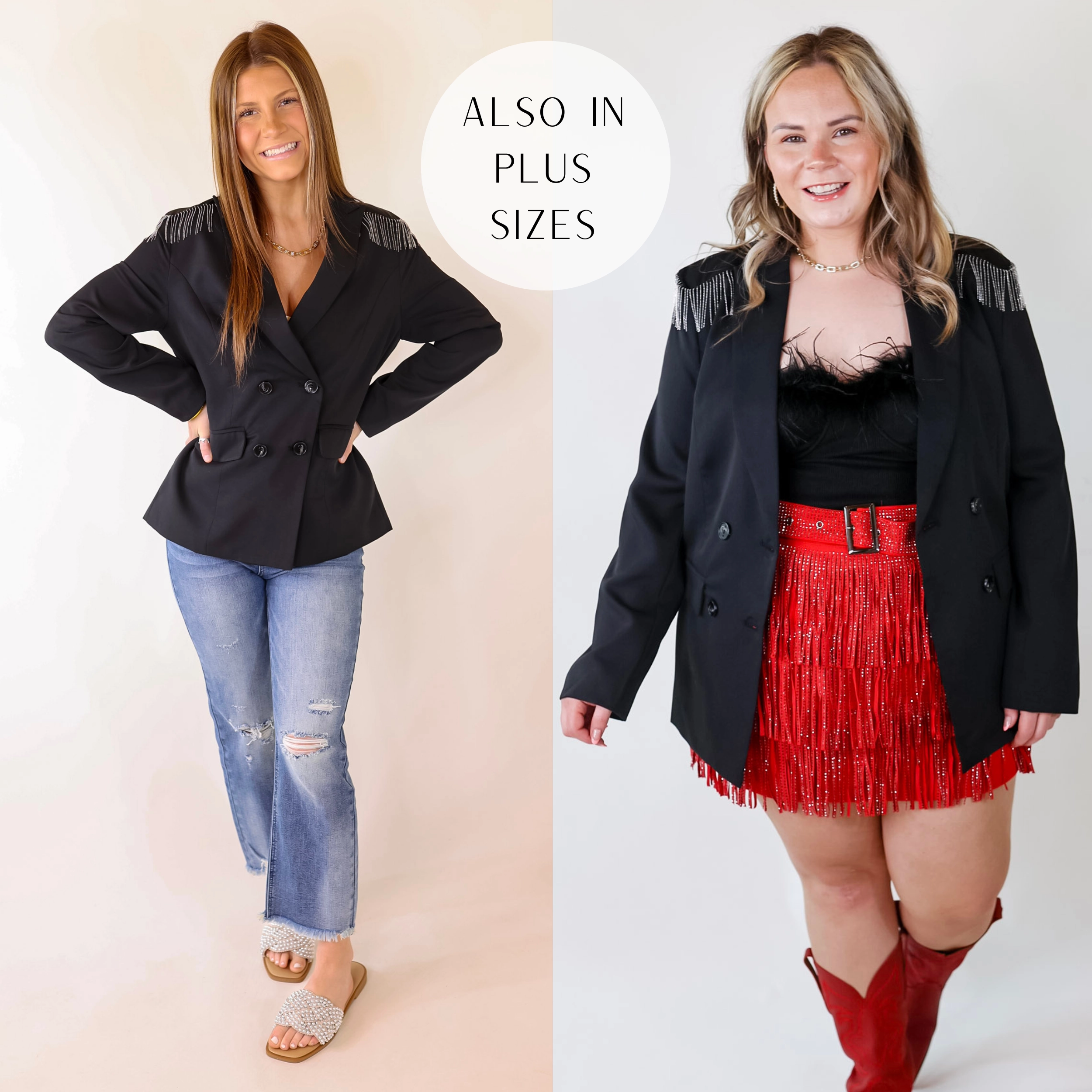 Party Ready Check Me Out Blazer with Silver Fringe in Black