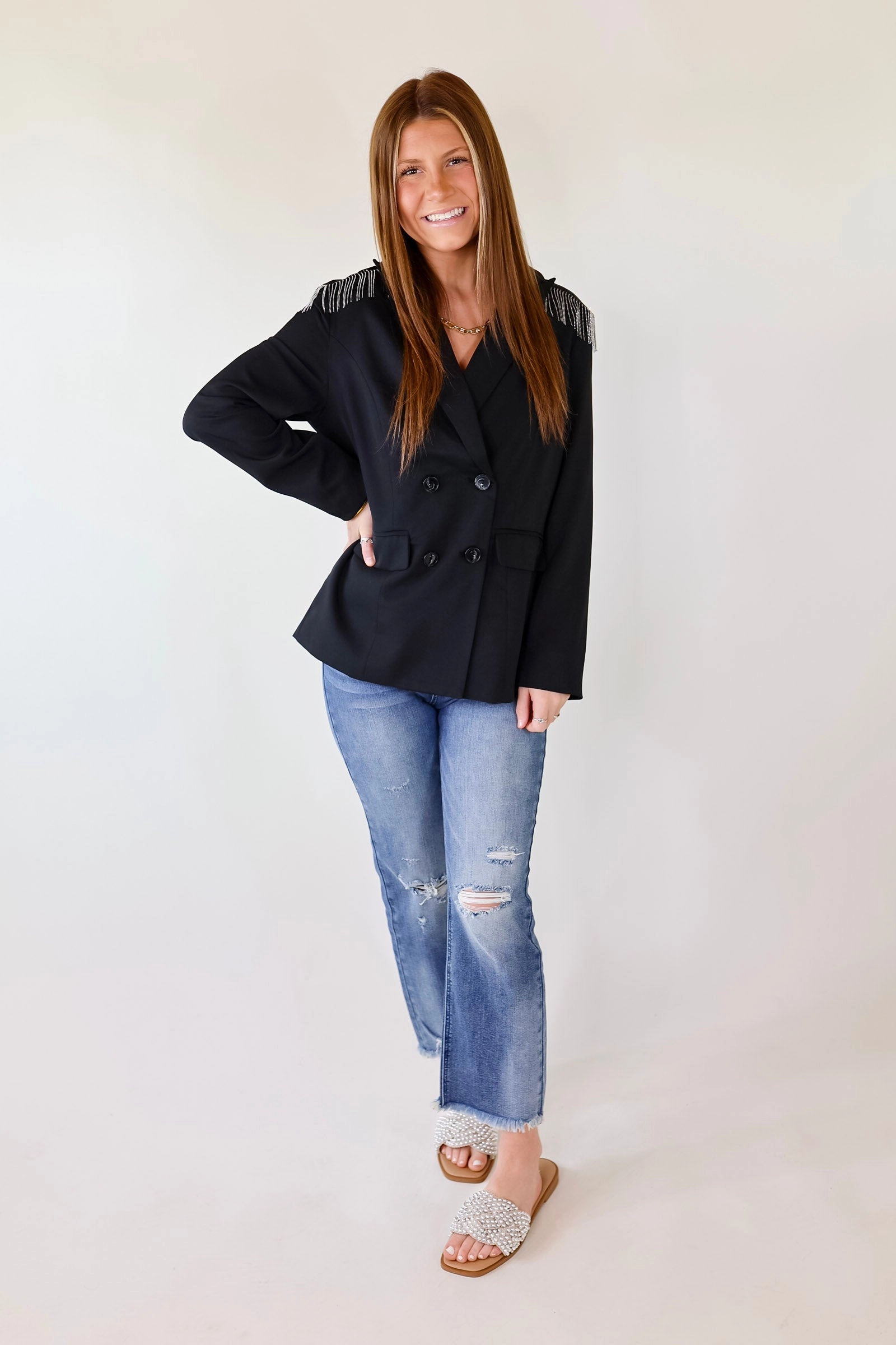 Basic Core Rain Proof Check Me Out Blazer with Silver Fringe in Black