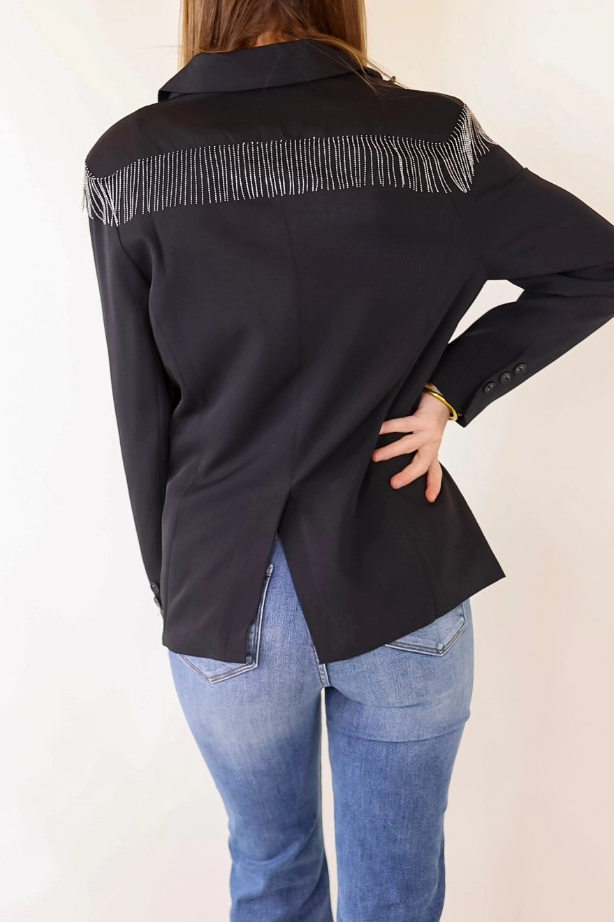 Check Me Out Blazer with Silver Fringe in Black Firm Leather