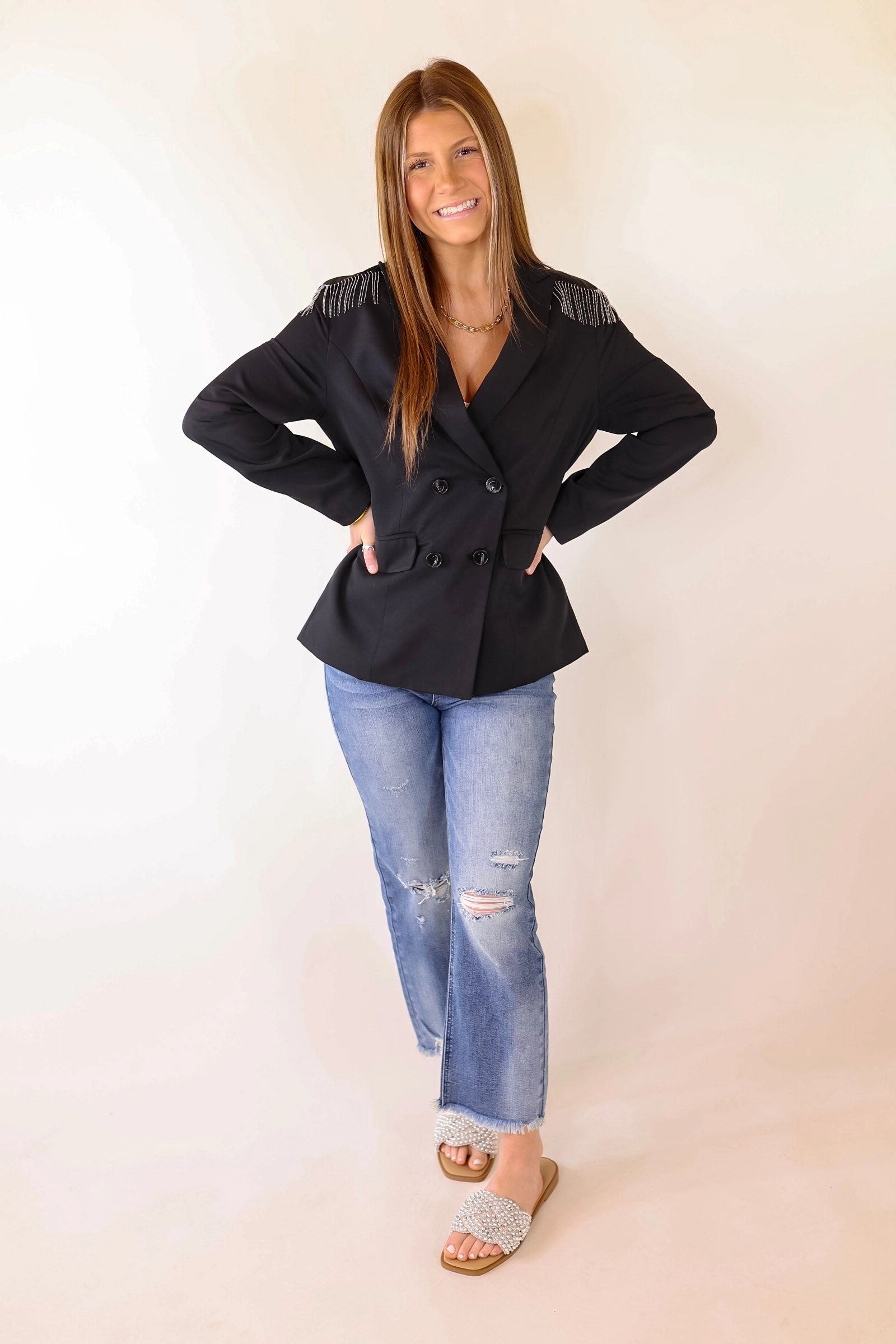 Check Me Out Blazer with Silver Fringe in Black Strong Edge Elegant Skirt