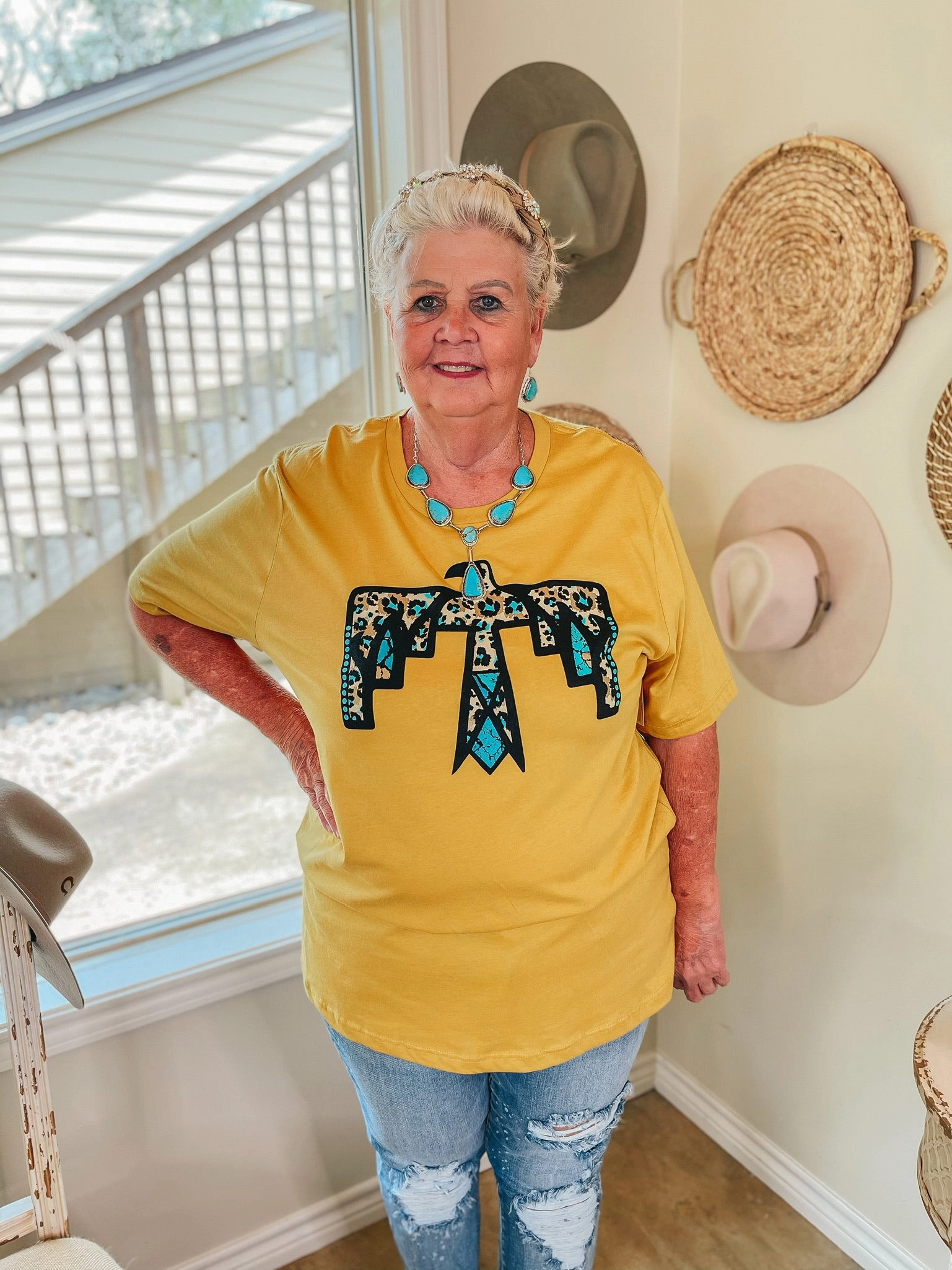 FourWay Stretch Handmade Fit Cherokee Hills Turquoise Leopard Thunderbird Short Sleeve Graphic Tee in Mustard Yellow