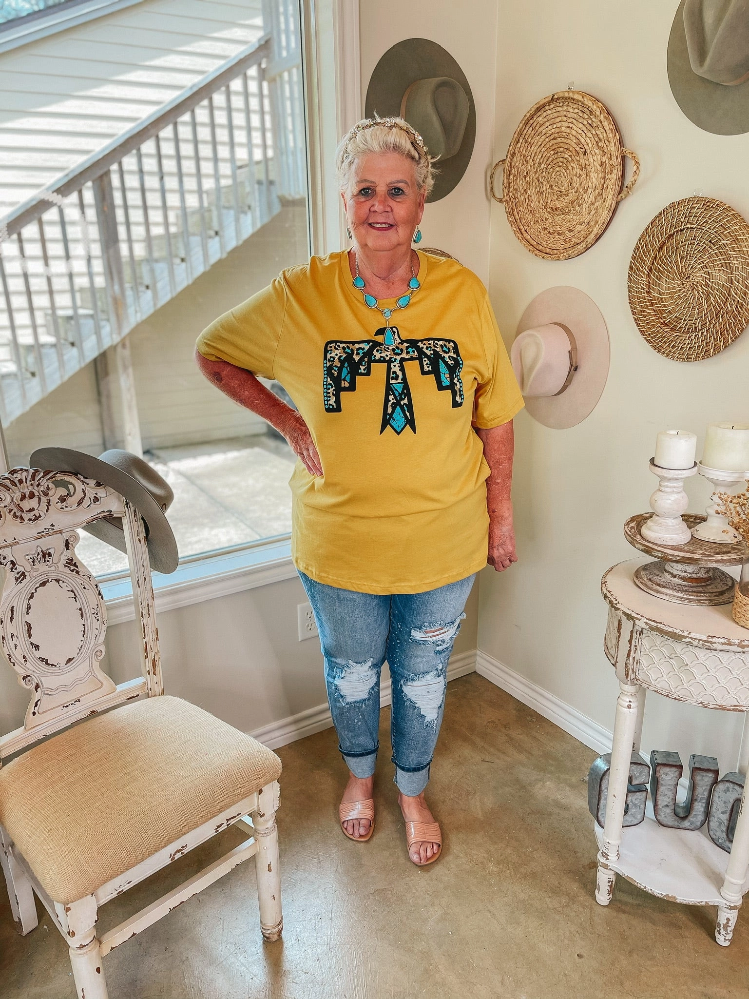 Cherokee Hills Turquoise Leopard Thunderbird Short Sleeve Graphic Tee in Mustard Yellow HighDurabilityClothing