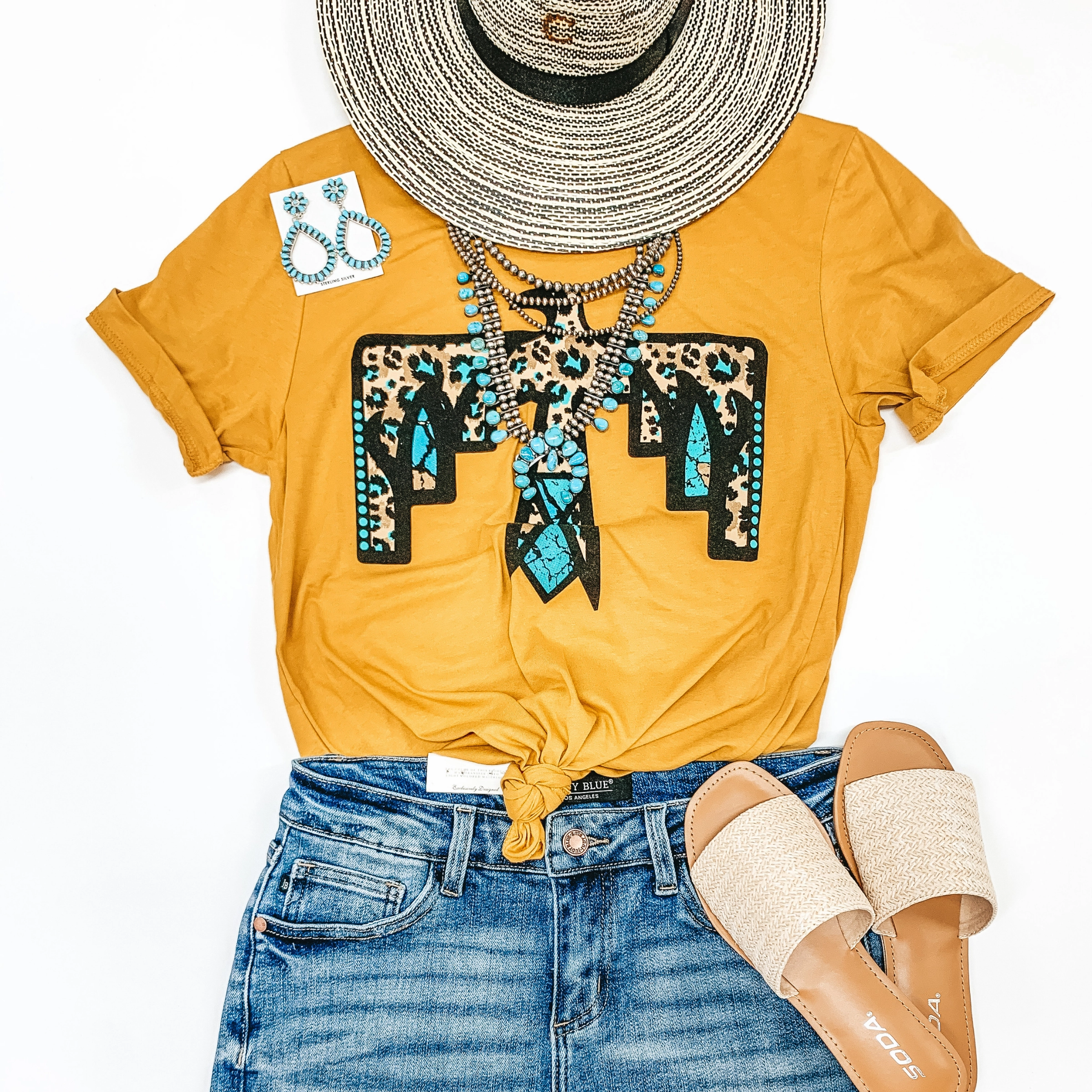 QuickPackable Design Cherokee Hills Turquoise Leopard Thunderbird Short Sleeve Graphic Tee in Mustard Yellow
