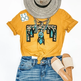 french chic City Beat Cherokee Hills Turquoise Leopard Thunderbird Short Sleeve Graphic Tee in Mustard Yellow
