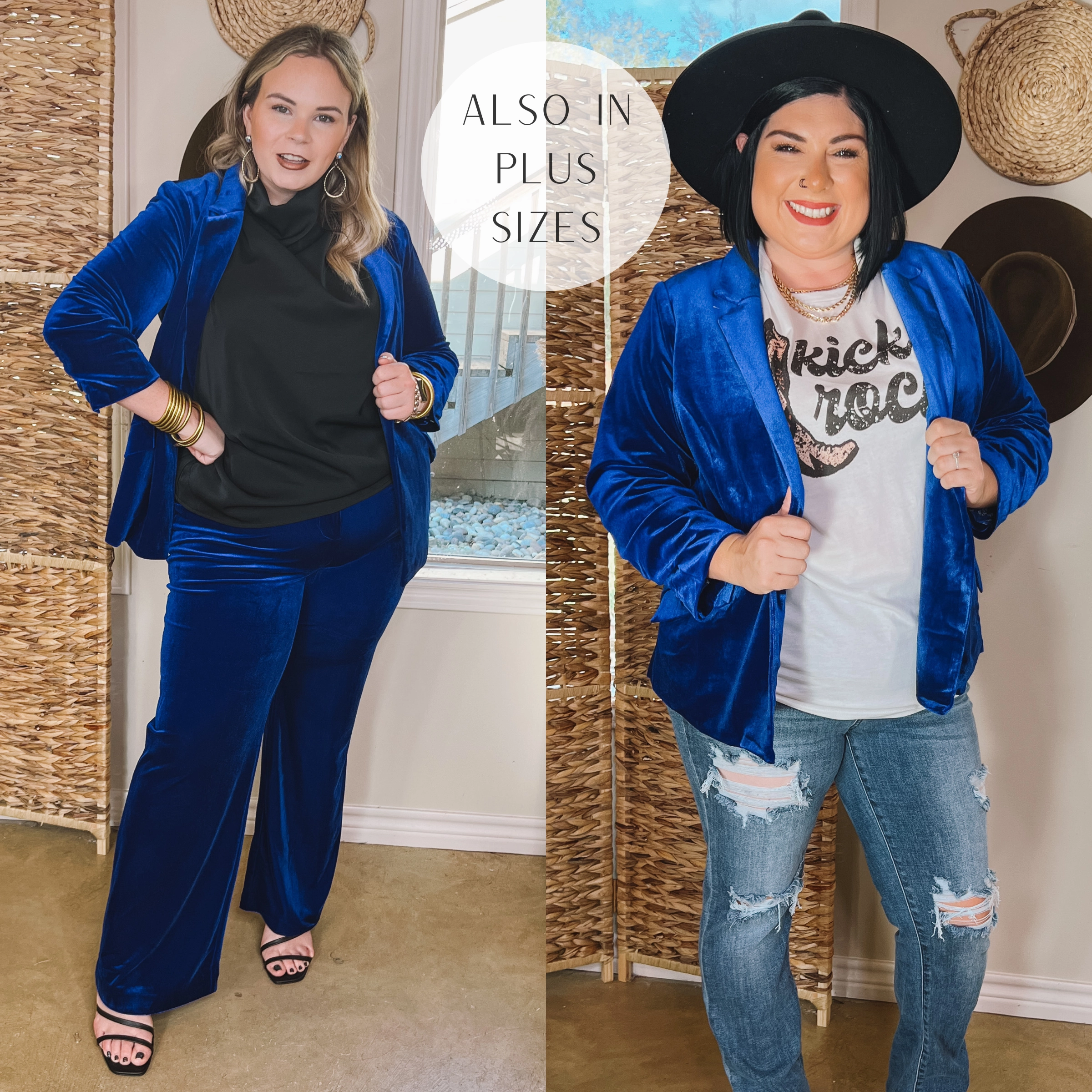 Chic Arrival 3/4 Sleeve Velvet Blazer in Royal Blue VentilatedKnit