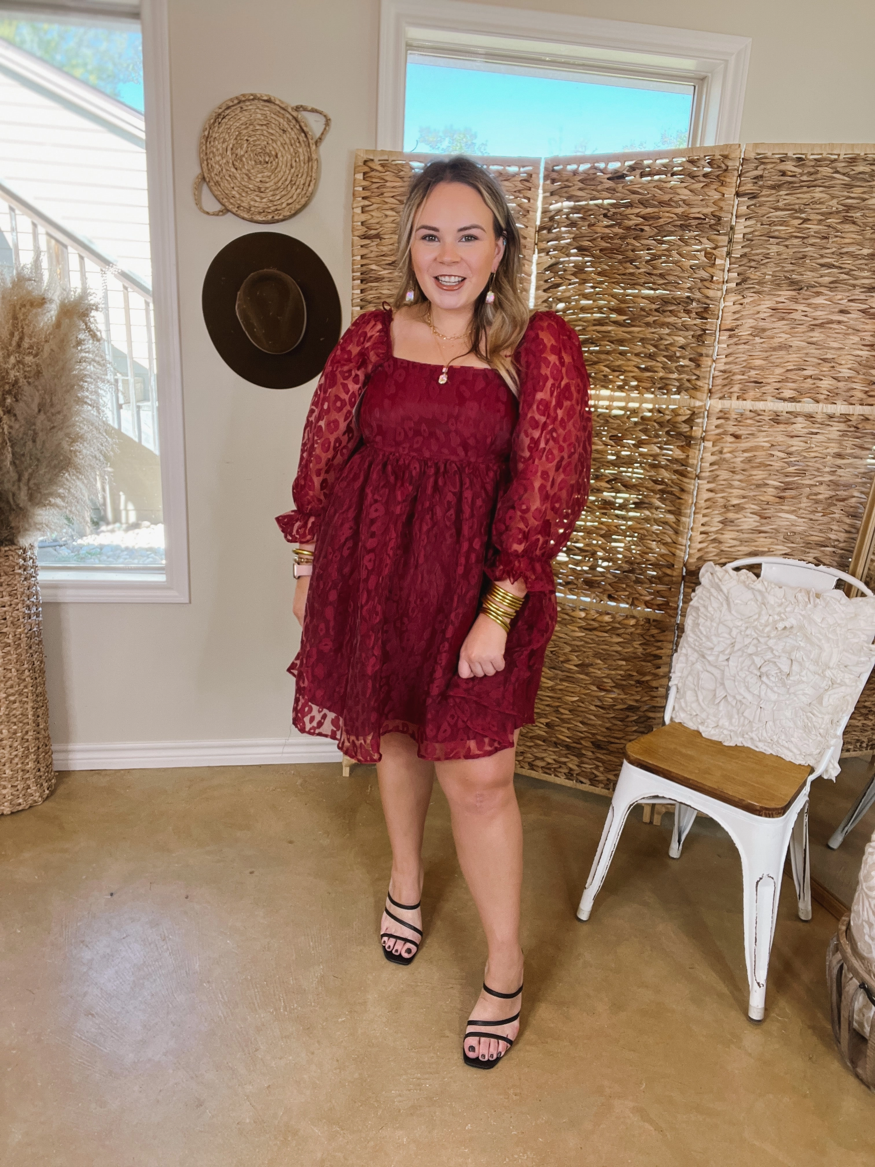 Dance Flow Craft Soul Whirl The Night Away Sheer Leopard Print Dress with 3/4 Sleeves in Maroon