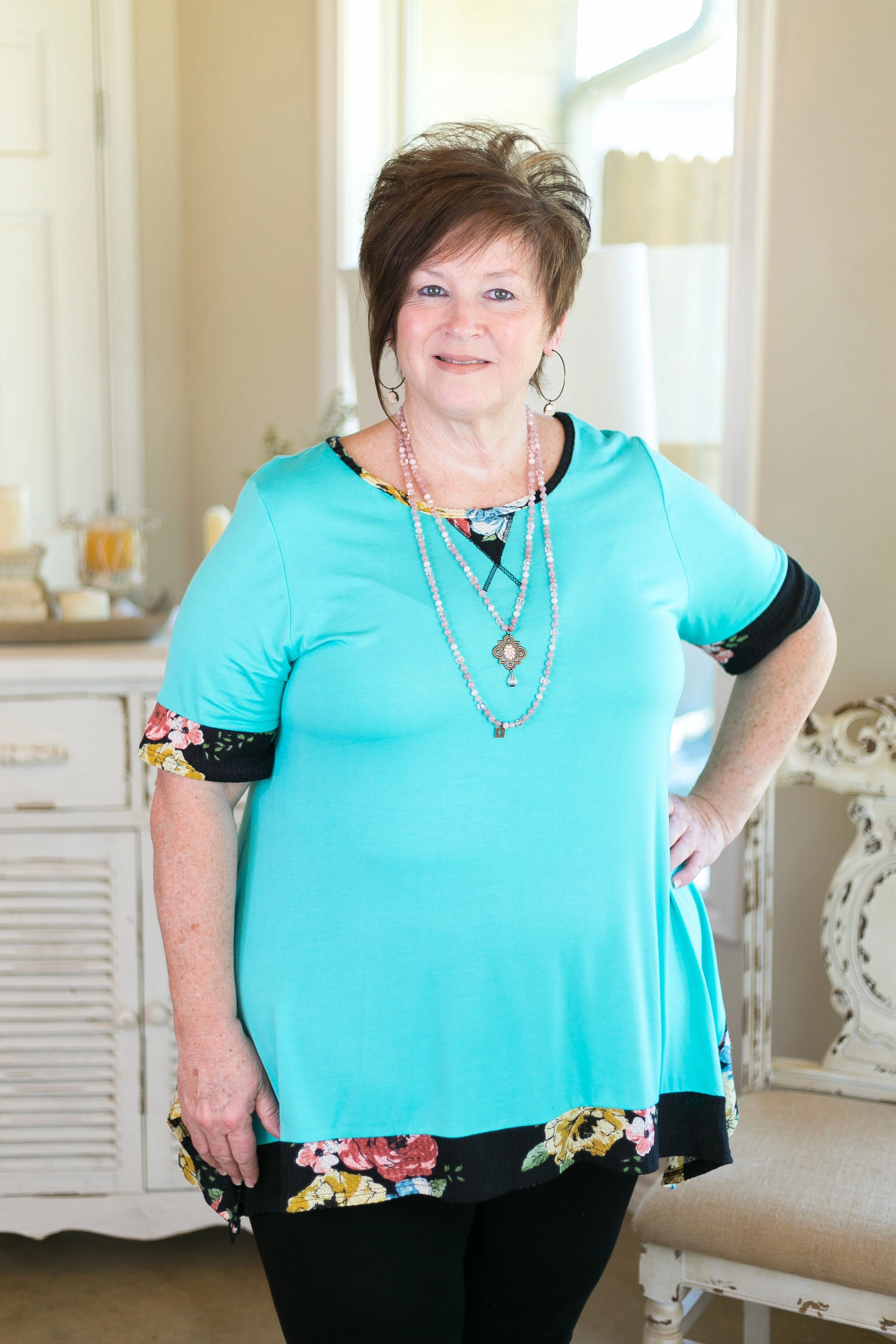 Last Chance Size Small & Medium | Whenever This Happens Tunic with Floral Trim in Turquoise UltraSoftFinish Nordic Light