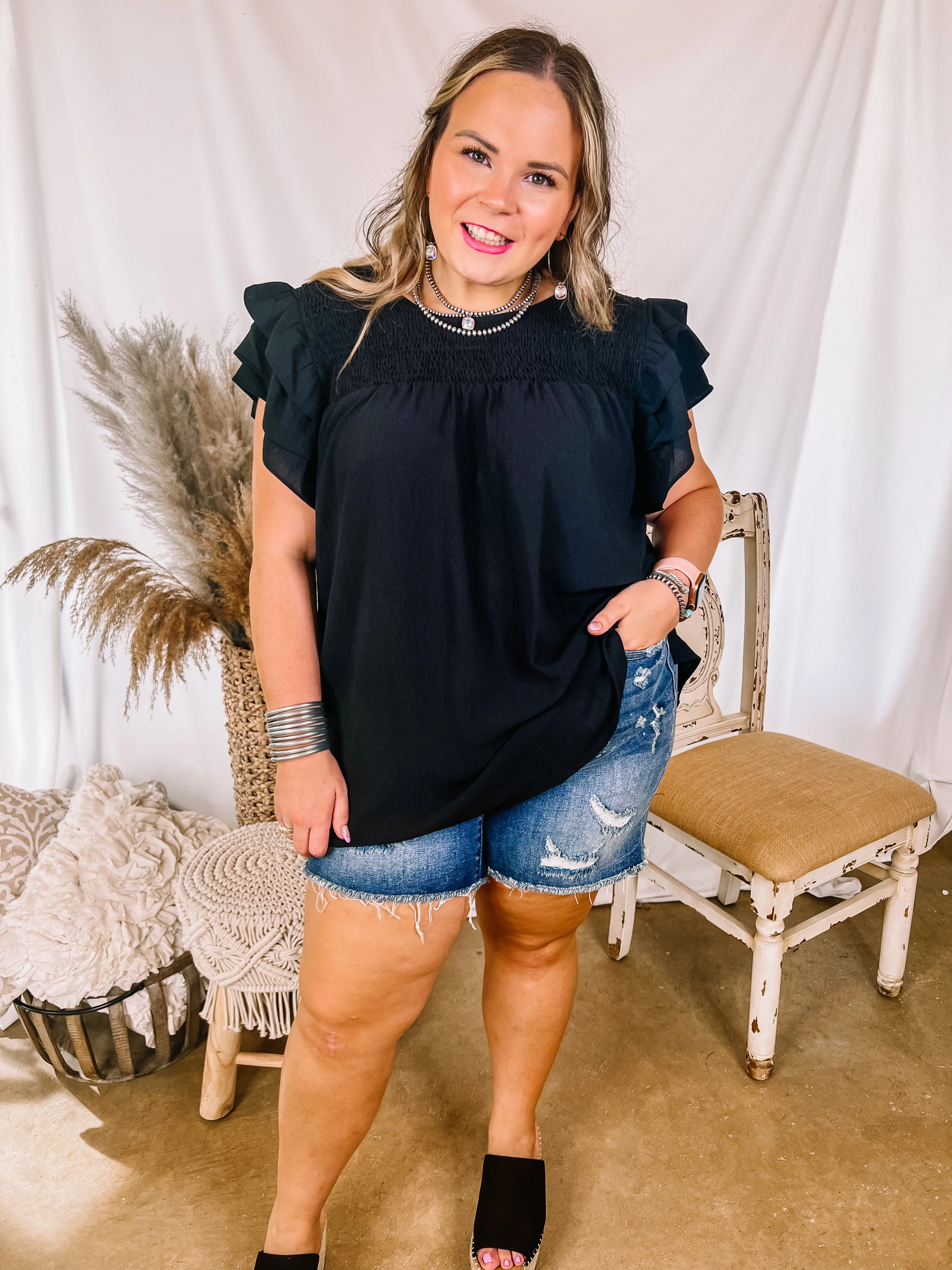 Clean Fit Last Chance Size Small | Balcony Nights Ruffle Shoulder Cap Sleeve Blouse in Black