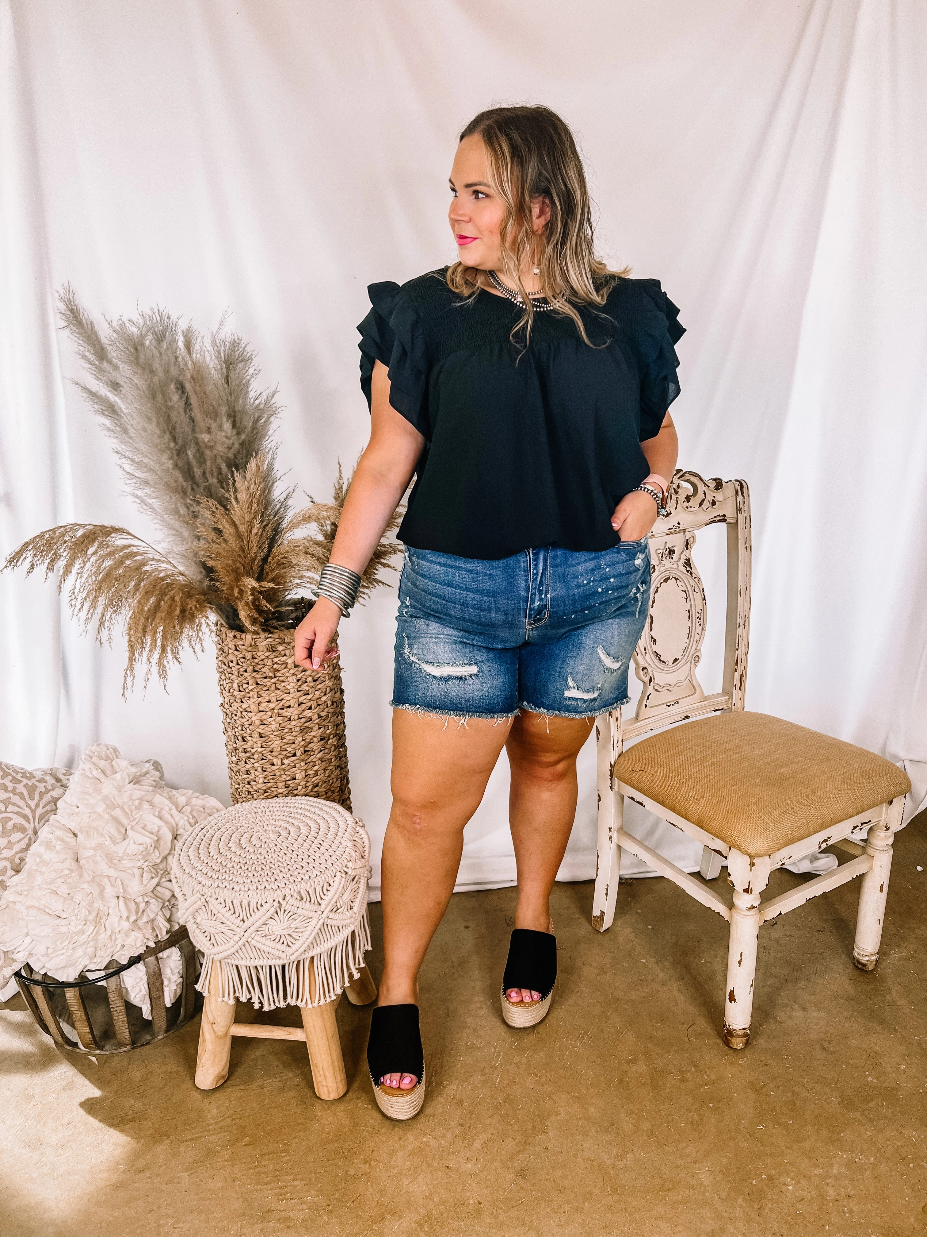 Unique Cut Last Chance Size Small | Balcony Nights Ruffle Shoulder Cap Sleeve Blouse in Black